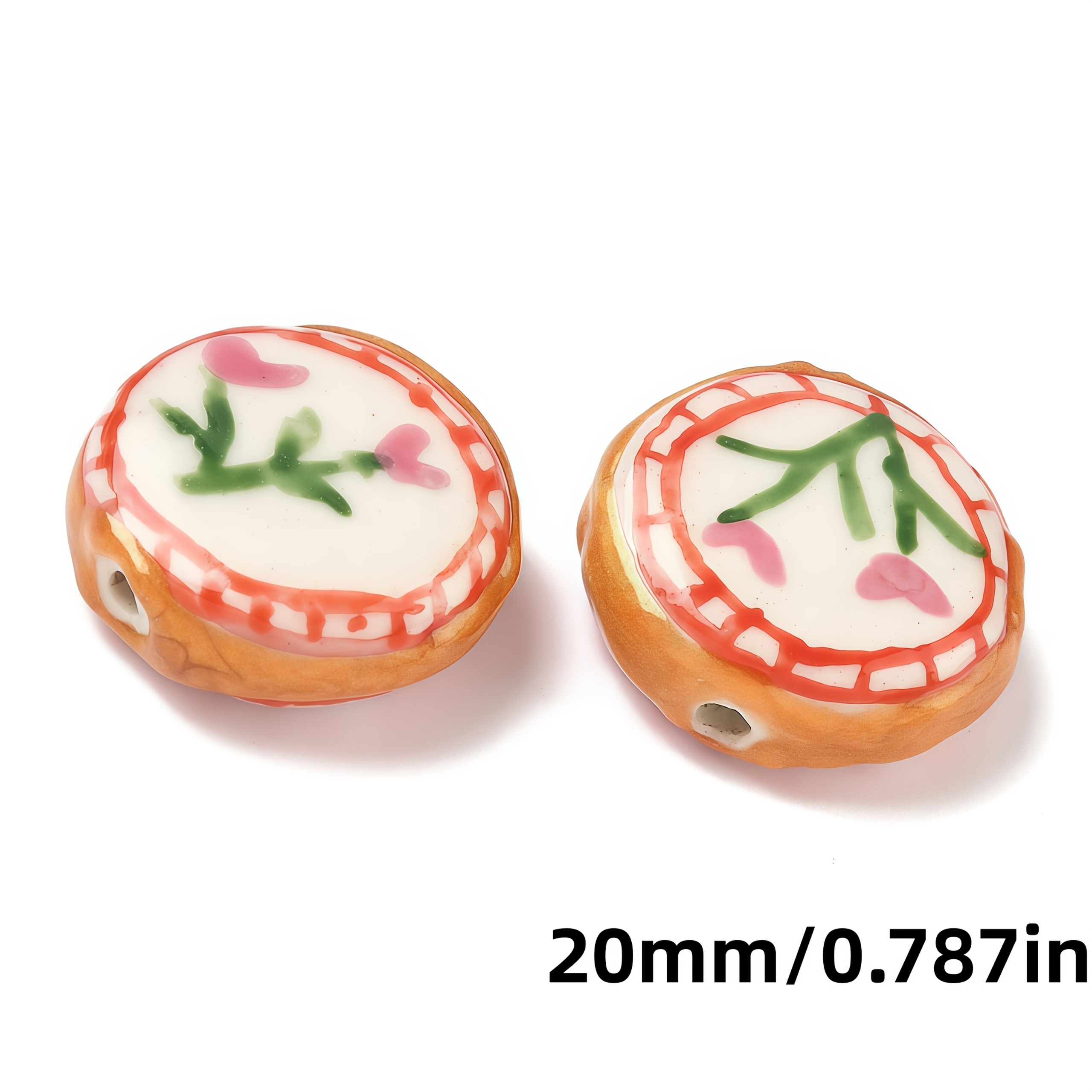 Hand-Painted Flat Round Flower Ceramic Beads, 6pcs Set
